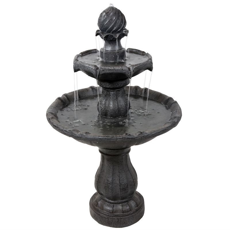 Black Polyresin Solar Powered 2-Tier Outdoor Fountain with Battery Backup