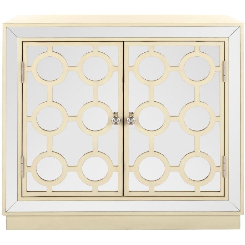 Antique Beige and Mirror Glam Accent Cabinet with Nickel Hardware