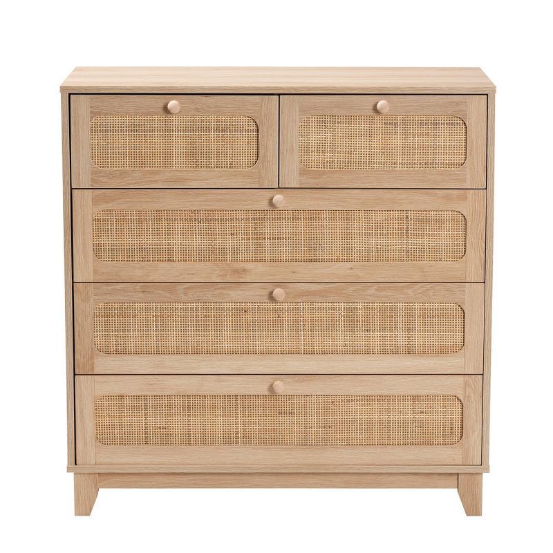 Elsbeth Oak Brown Wood and Natural Rattan 5-Drawer Storage Cabinet