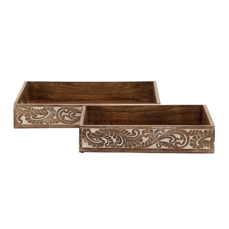 Traditional Mango Wood Rectangular Tray Set with Handles