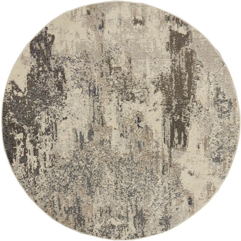 Ivory and Grey Abstract Round Hand-knotted Area Rug