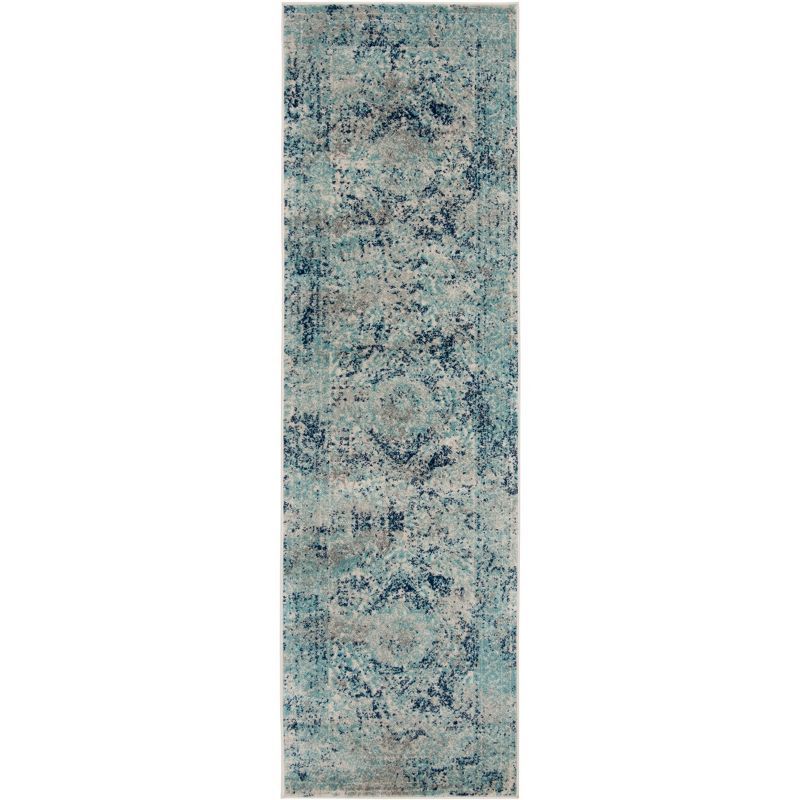 Metro-Mod Chic Ivory and Blue Distressed Runner Rug - 24"x168"