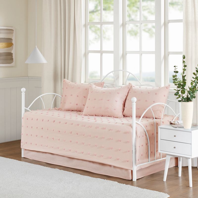 Chic Pink Cotton Daybed Coverlet Set with Chenille Dots