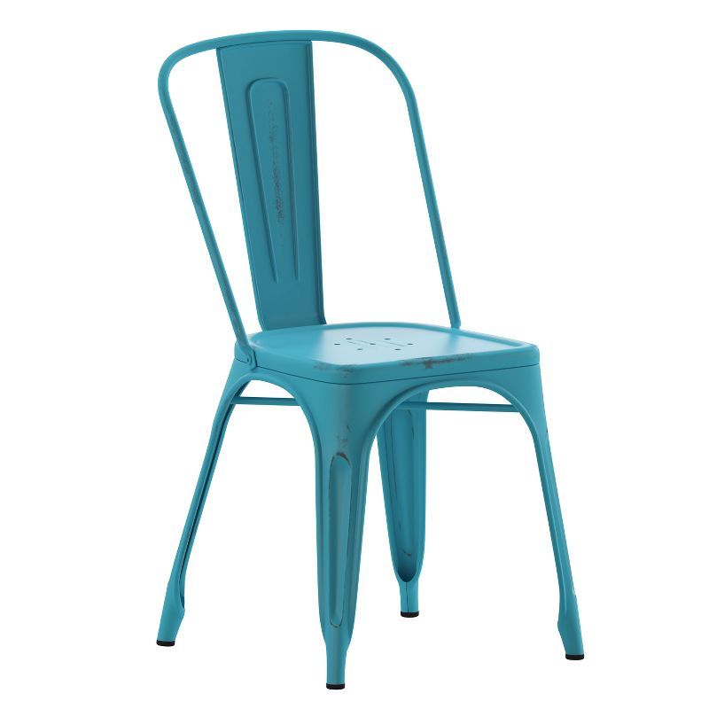 Blue Industrial Steel Armless Dining Chair with Tapered Legs