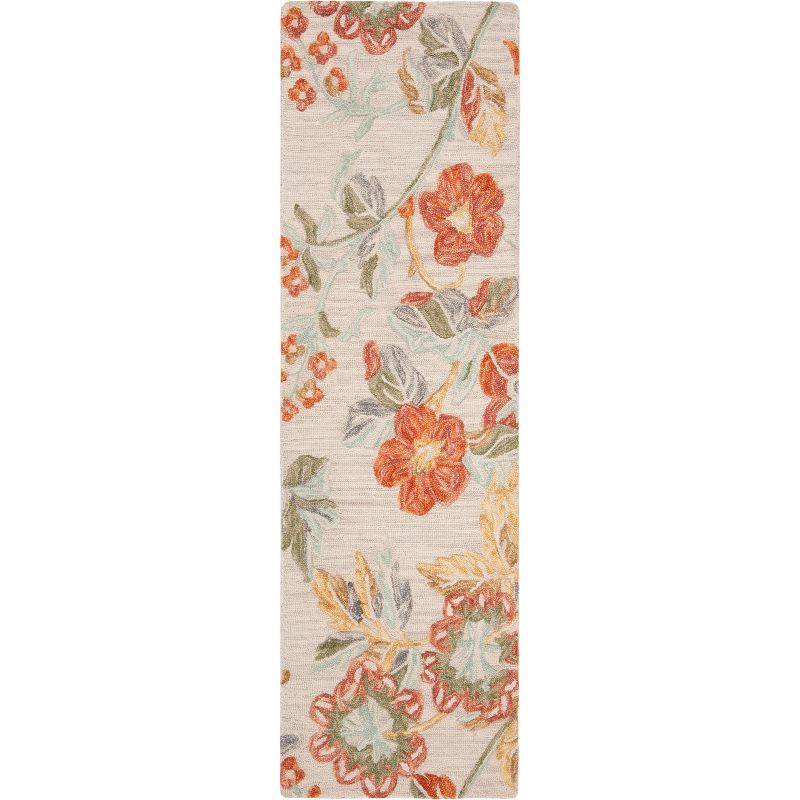 Blossom Gray and Red Handmade Wool Floral Runner Rug