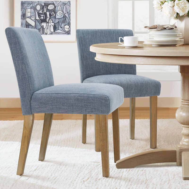 Blue Linen Upholstered Parsons Side Chair with Wood Legs