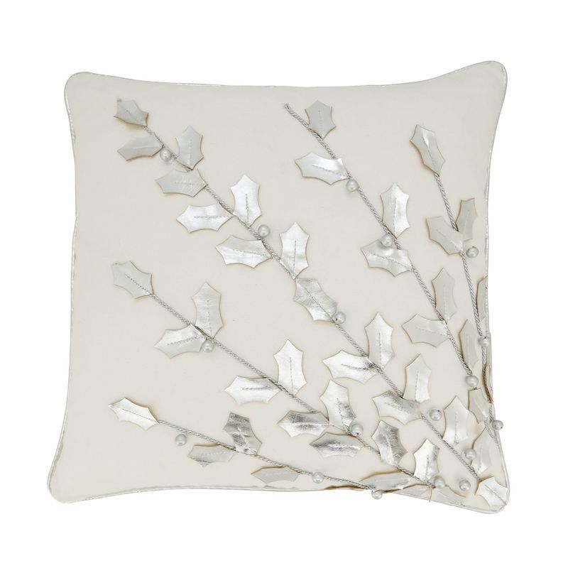 Silver Metallic Poinsettia Branch Holiday Throw Pillow