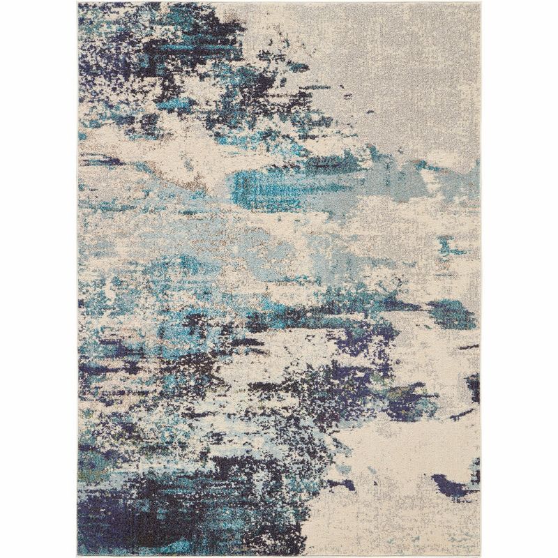 Abstract Blue and White Synthetic 5' x 7' Stain-Resistant Rug