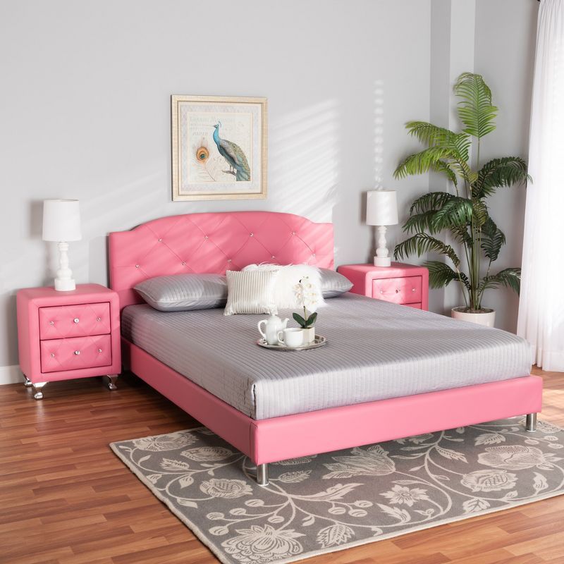 Pink Faux Leather Upholstered Full Size Bed with Nightstands