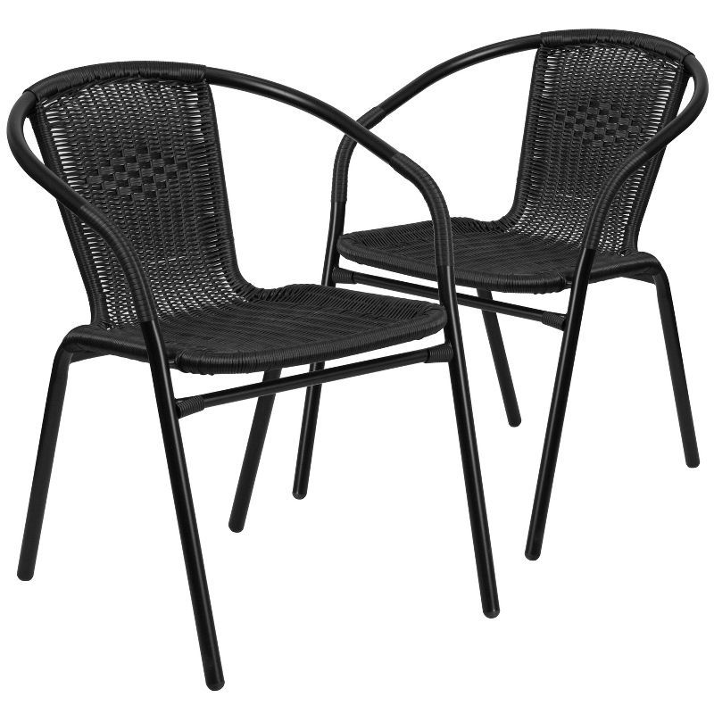 Black Rattan Indoor-Outdoor Stackable Dining Chairs with Curved Back, Set of 2