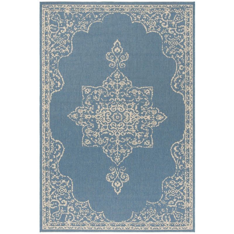 Cream and Blue Rectangular Stain-Resistant Outdoor Rug