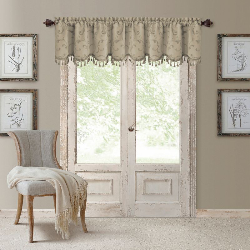 Natural Jacquard Scroll Blackout Valance with Tassel Trim