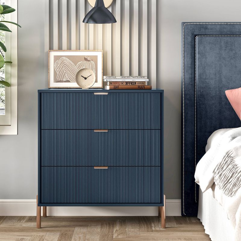 Navy MDF 3-Drawer Nightstand with Rose Gold Accents