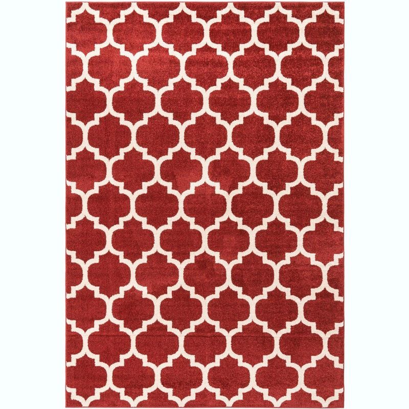 Red and Beige Trellis Synthetic Rectangular Area Rug