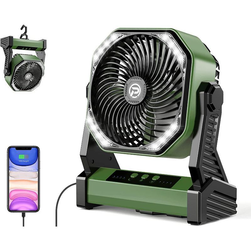 Green Rechargeable Oscillating Desk Fan with LED Light and Hook