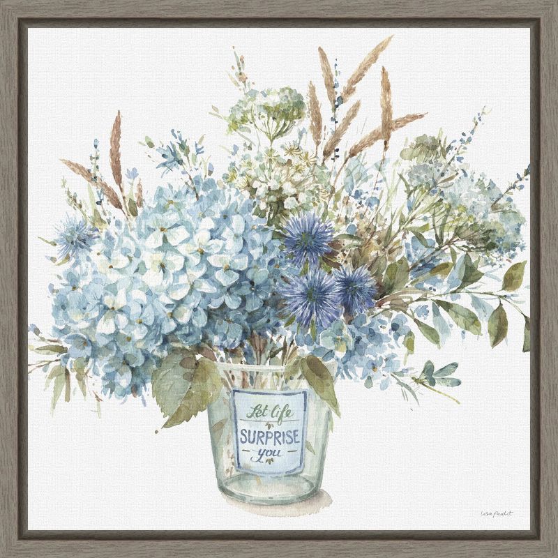 Lisa Audit Blue Floral Bouquet Framed Canvas Wall Art 16 x 16