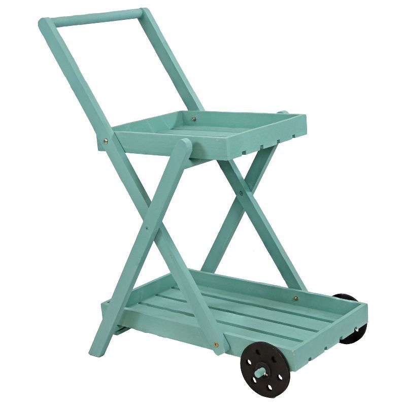 Robin Egg Blue 2-Tier Fir Wood Wheeled Planter Stand