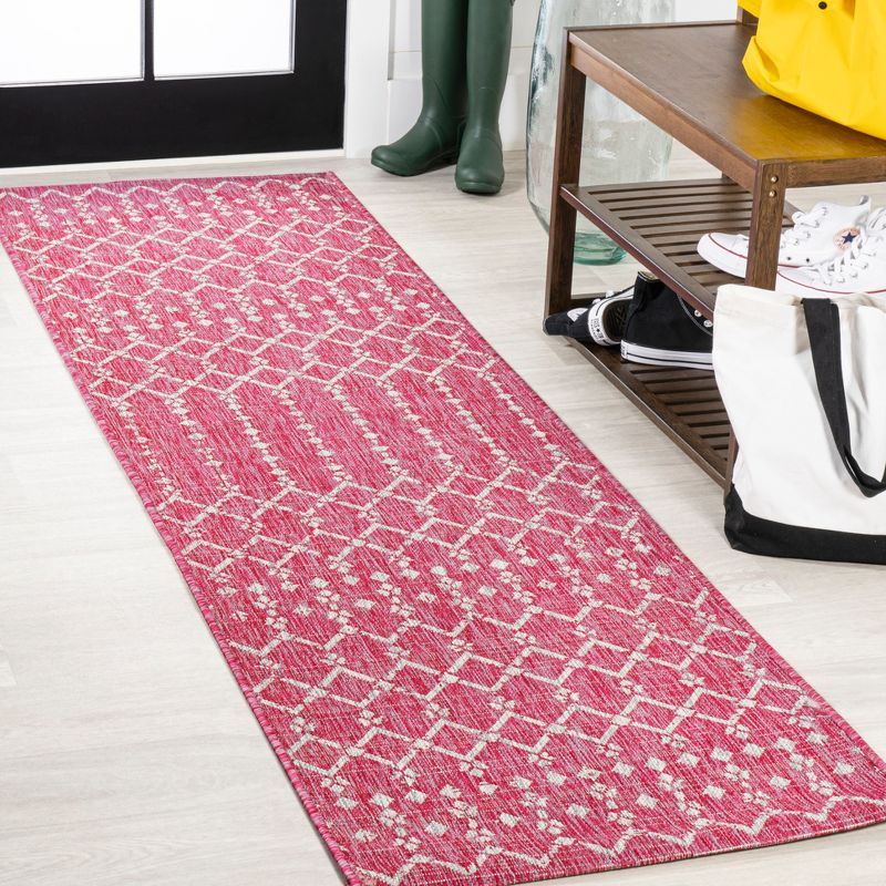 Fuchsia and Light Gray Geometric Flat Woven Synthetic Rug