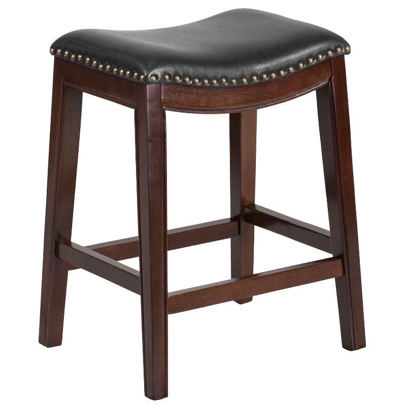 Elegant Backless Black Leather and Cappuccino Wood Counter Stool