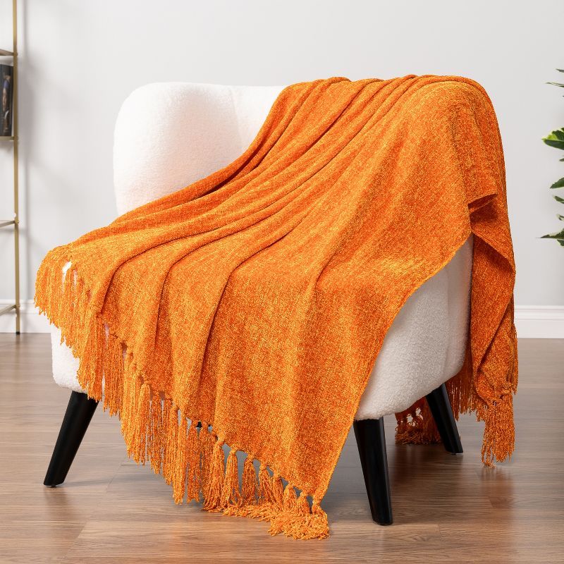 Orange Chenille Knitted Throw Blanket with Tassel Fringe