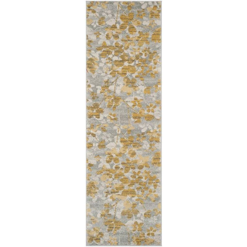 Gray and Gold Floral Synthetic Runner Rug