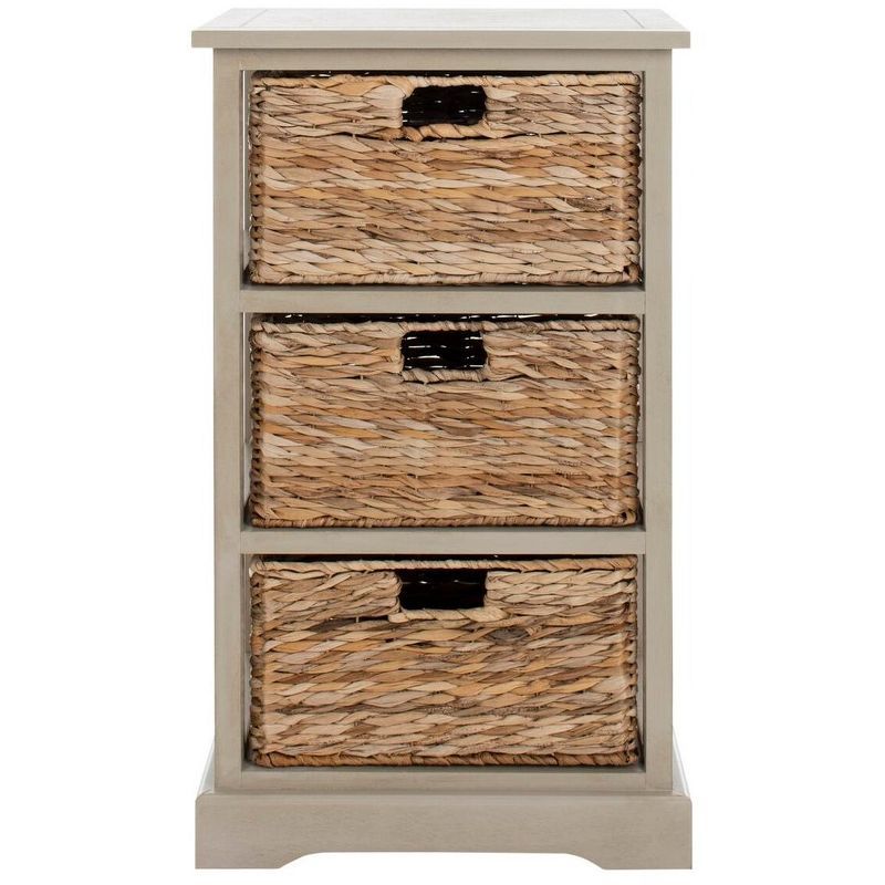 Vintage Grey Pine Wood Accent Table with Wicker Storage Baskets