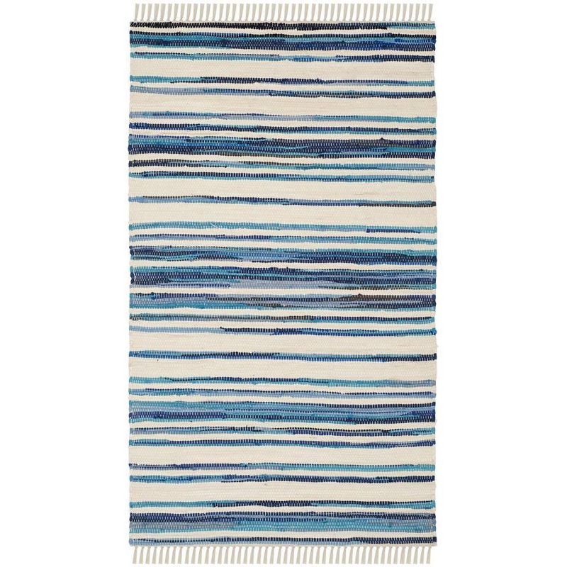 Ivory and Blue Striped Cotton Flat Woven Area Rug, 4' x 6'