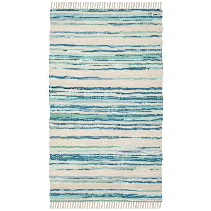 Ivory and Green Flat Woven Wool Cotton Stripe Runner Rug