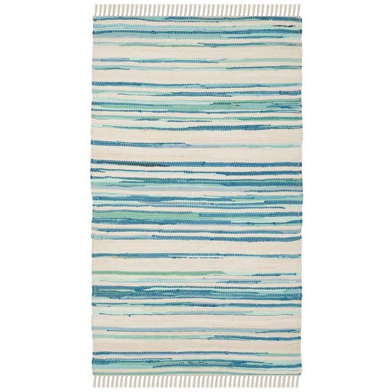 Ivory & Green Striped Hand-Woven Cotton Rug 4' x 6'