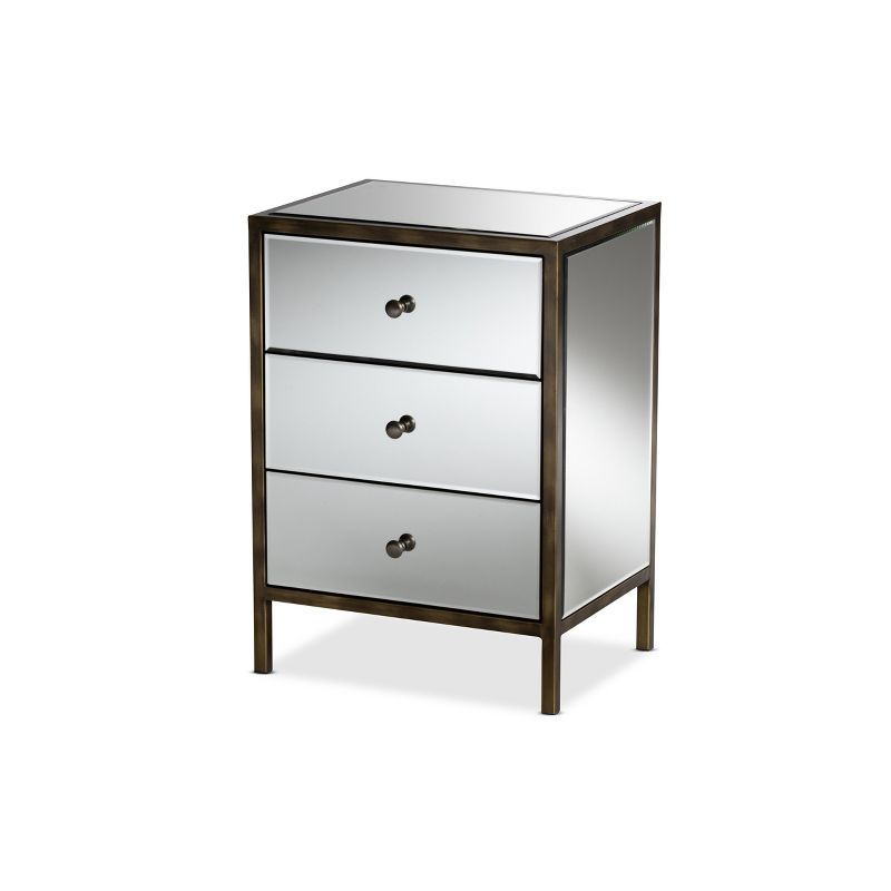 Nouria Antique Brass Trim Mirrored 3-Drawer Nightstand - Silver