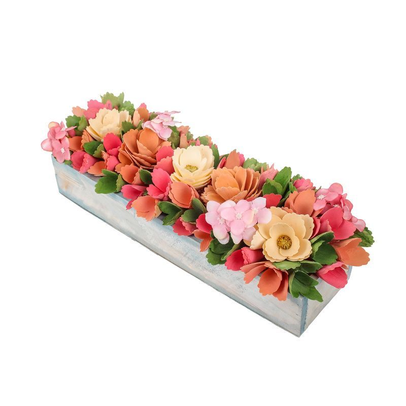 16" Pink and Orange Artificial Floral Centerpiece in Rustic Gray Box