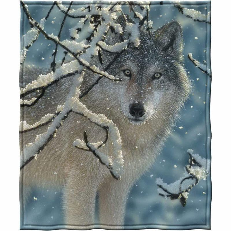 King Size Gray and White Fleece Wolf Blanket