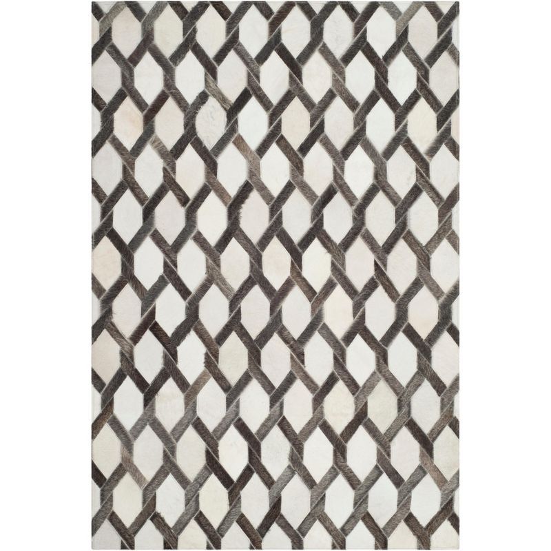 Ivory and Gray Hand-Knotted Geometric Cowhide Area Rug