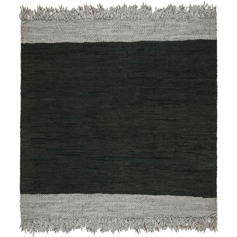 Vintage Black and Light Grey Leather Square Shag Rug