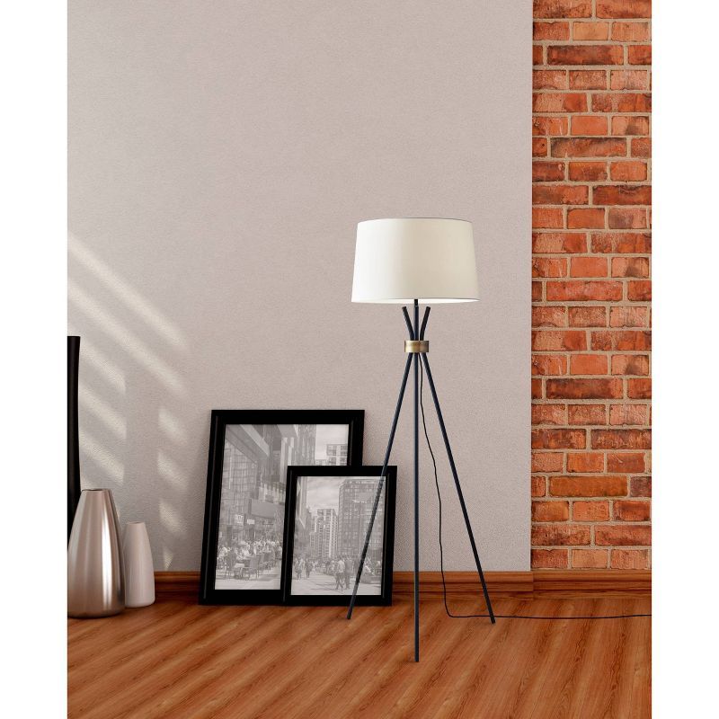 Benson Black Metal Tripod Floor Lamp with Off-White Linen Shade