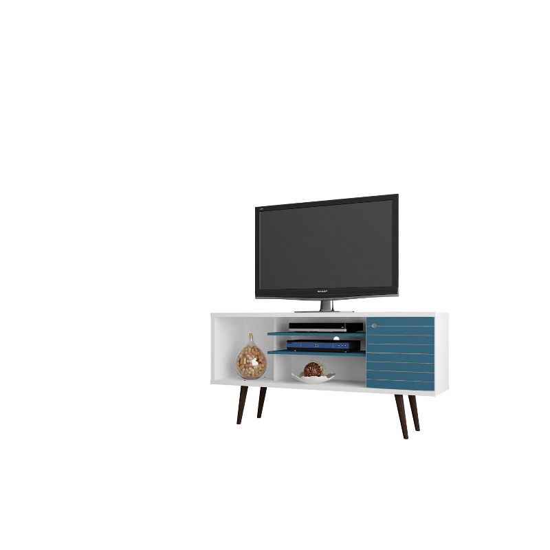 Liberty 53" White and Aqua Blue Mid-Century Modern TV Stand with Cabinet