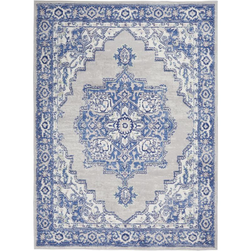 Grey Blue Floral Motif 6' x 9' Easy-Care Synthetic Area Rug