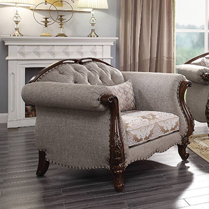 Elegant Floral Button-Tufted Accent Chair with Cherry Queen Anne Legs