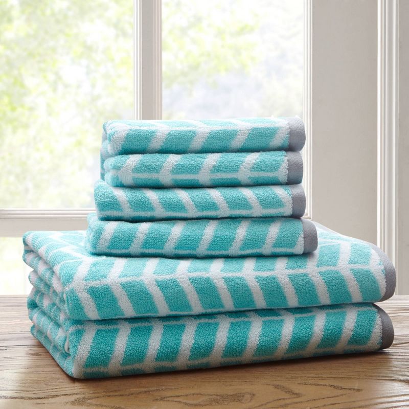 Teal and White Cotton Jacquard Hand Towel Set of Six