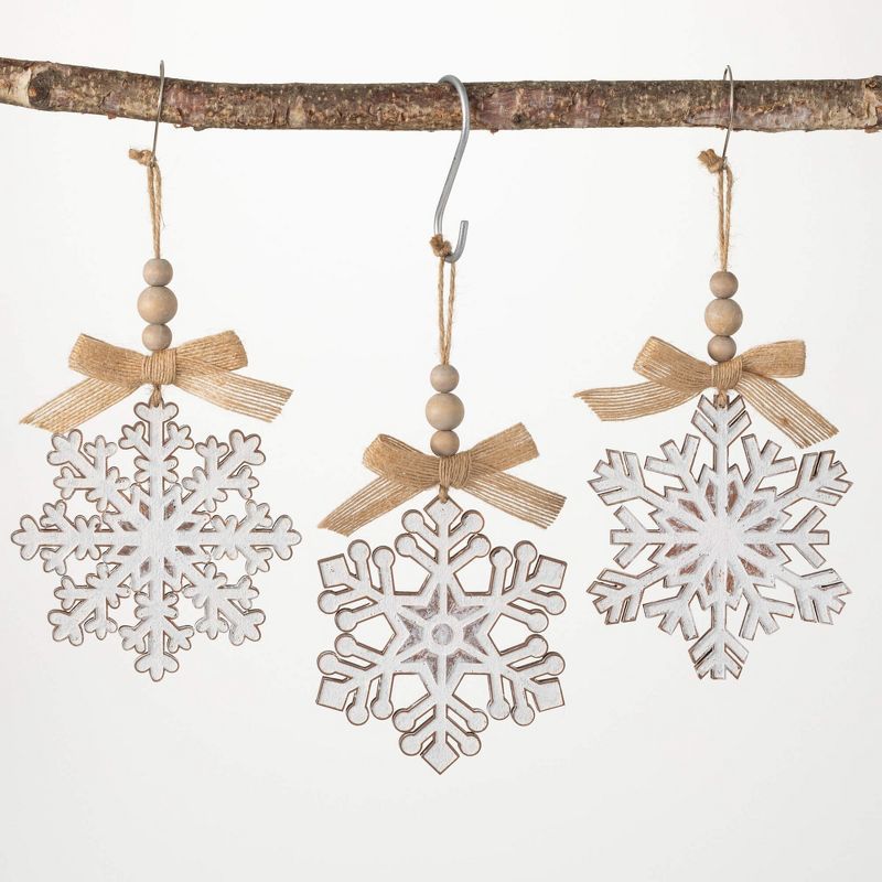 10.5" White Wood Snowflake Ornaments Set of 3