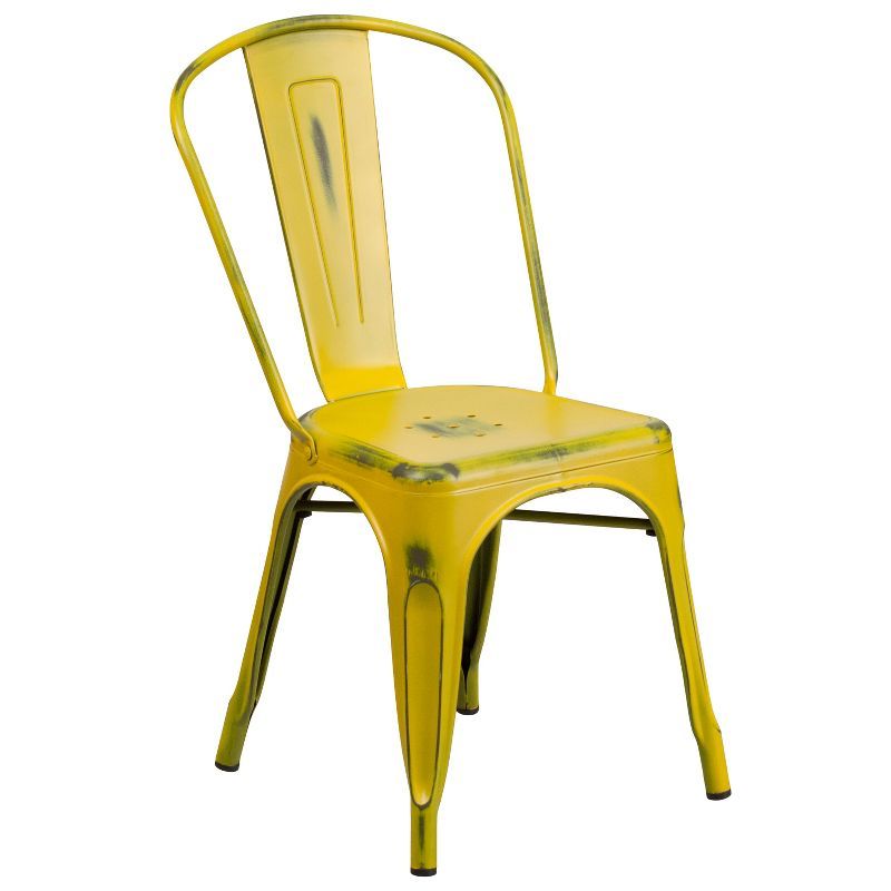 Distressed Yellow Metal Armless Indoor-Outdoor Stackable Chair