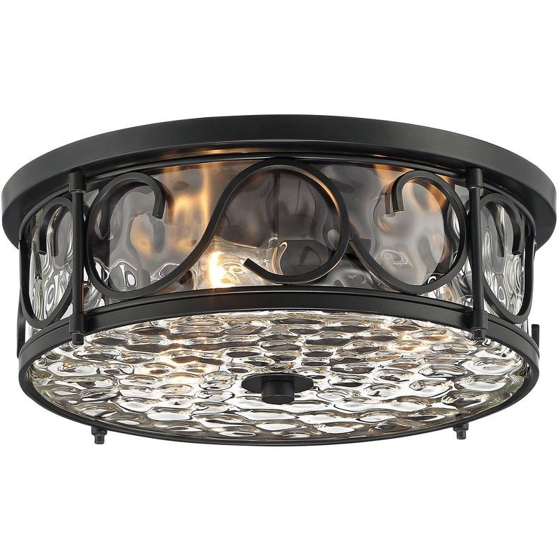 Matte Black Rustic Flush Mount Ceiling Light with Hammered Glass