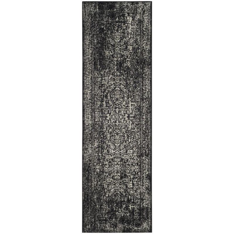 Black and Grey Floral Motif Synthetic Runner Rug