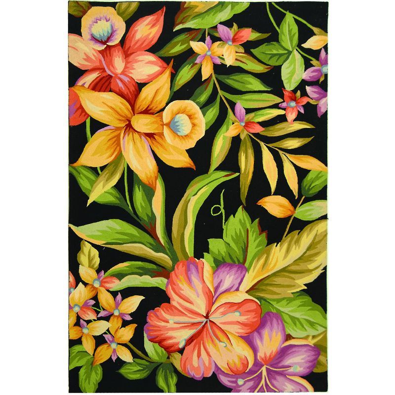 Handmade Black Wool Floral Rectangular Area Rug 6' x 9'
