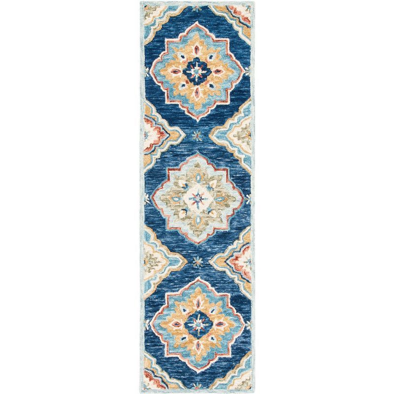 Handmade Red and Blue Wool Medallion Runner Rug
