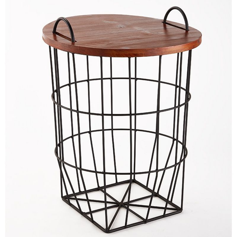 Round Metal Wire Basket Side Table with Wooden Lid