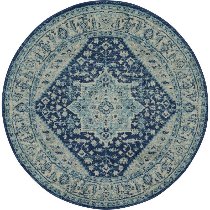 Ivory & Navy Vintage Kashan Round Area Rug, 5'3" Easy-Care Viscose