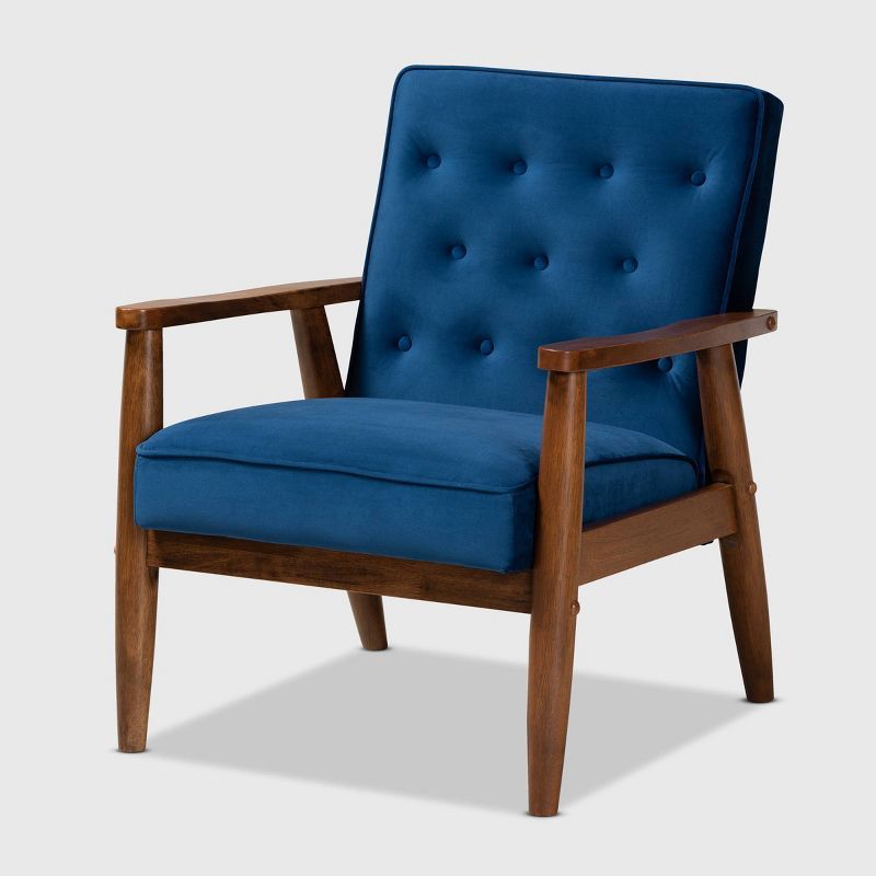 Navy Blue Velvet and Walnut Wooden Accent Chair