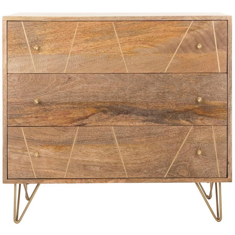 Transitional 32'' Natural Wood and Brass 3-Drawer Chest