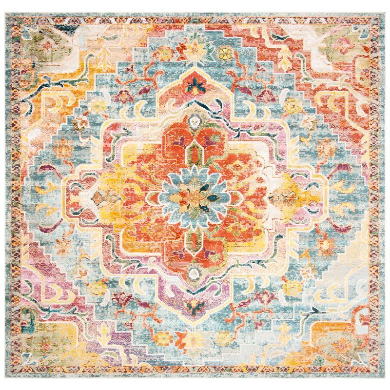 Hand-Knotted Medallion 5' Square Rug in Orange and Teal